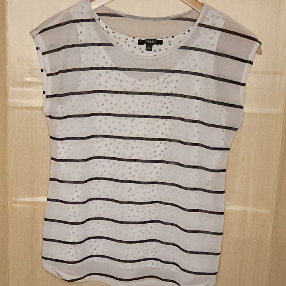 Elementz Black White Polka-dot Tank Silky Striped Overlay Top Small
